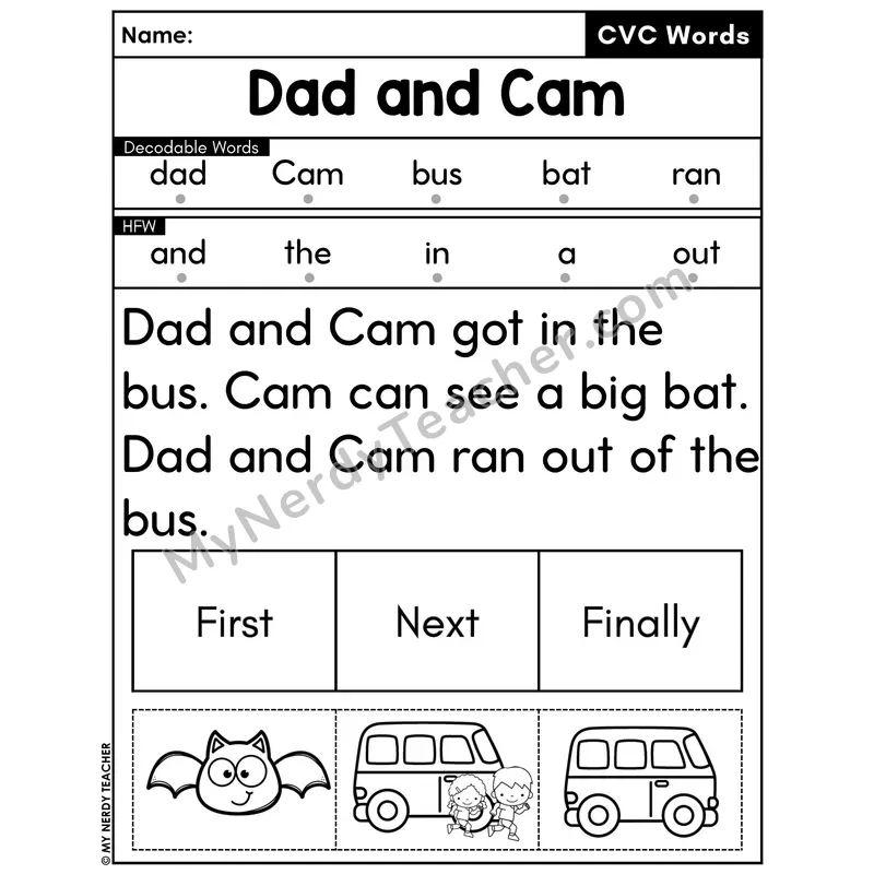 CVC Decodable Passage with Sequencing #47 — Dad and Cam