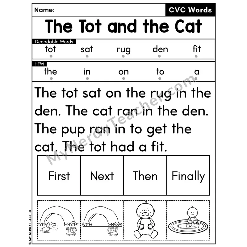CVC Decodable Passage with Sequencing #50 — The Tot and the Cat