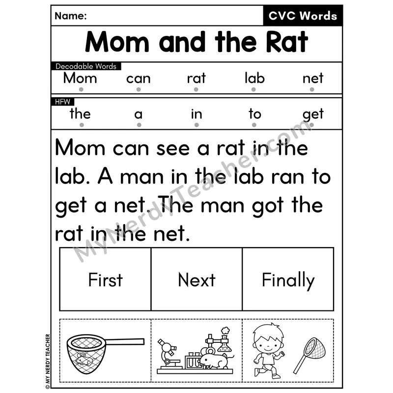 CVC Decodable Passage with Sequencing #49 — Mom and the Rat