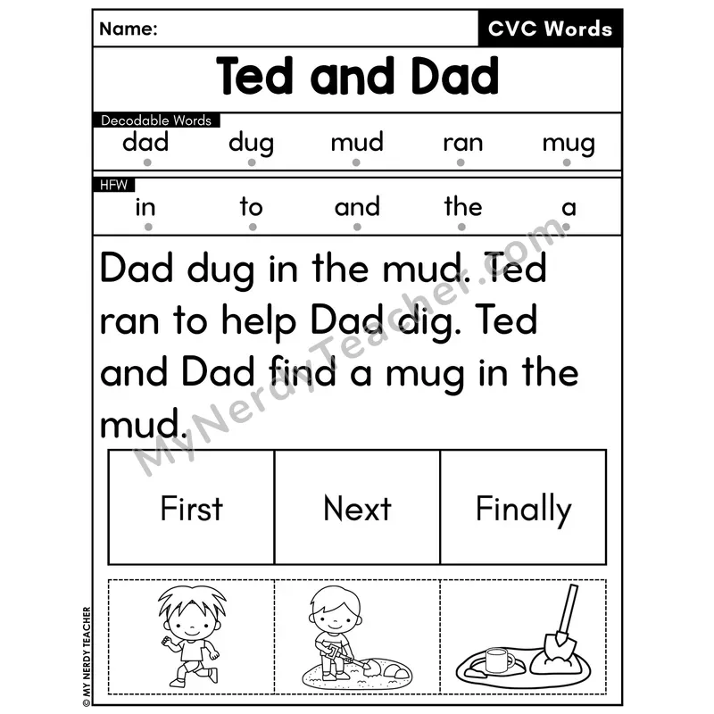 CVC Decodable Passage with Sequencing #43 — Ted and Dad