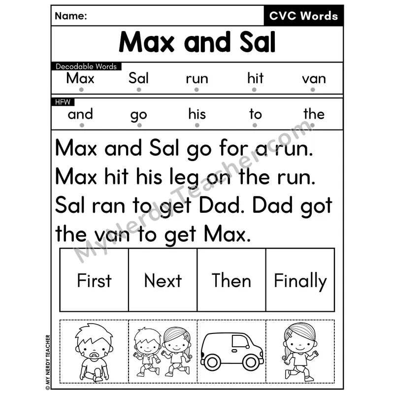 CVC Decodable Passage with Sequencing #40 — Max and Sal