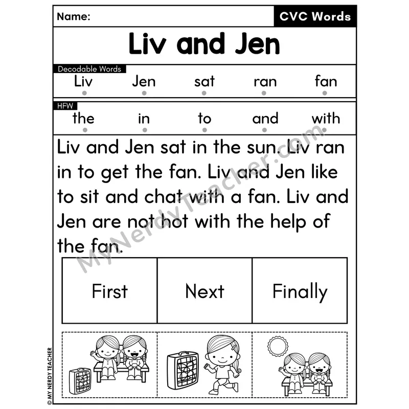 CVC Decodable Passage with Sequencing #35 — Liv and Jen