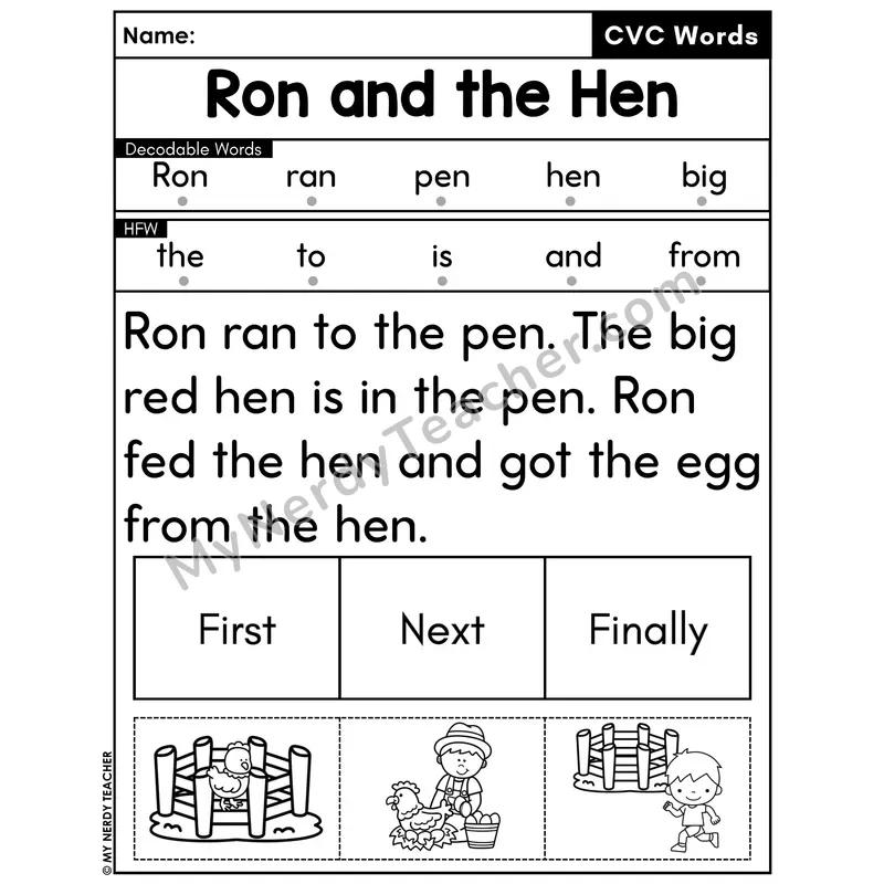 CVC Decodable Passage with Sequencing #36 — Ron and the Hen