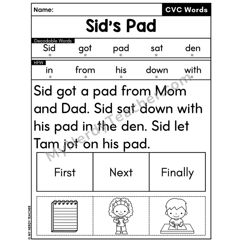 CVC Decodable Passage with Sequencing #29 — Sid's Pad