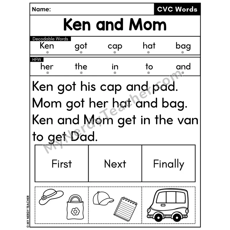 CVC Decodable Passage with Sequencing #37 — Ken and Mom