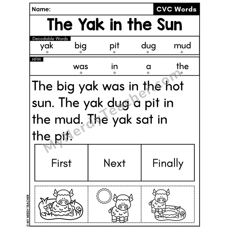 CVC Decodable Passage with Sequencing #32 — The Yak in the Sun