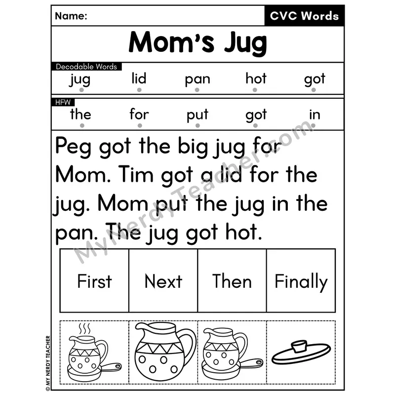 CVC Decodable Passage with Sequencing #31 — Mom's Jug