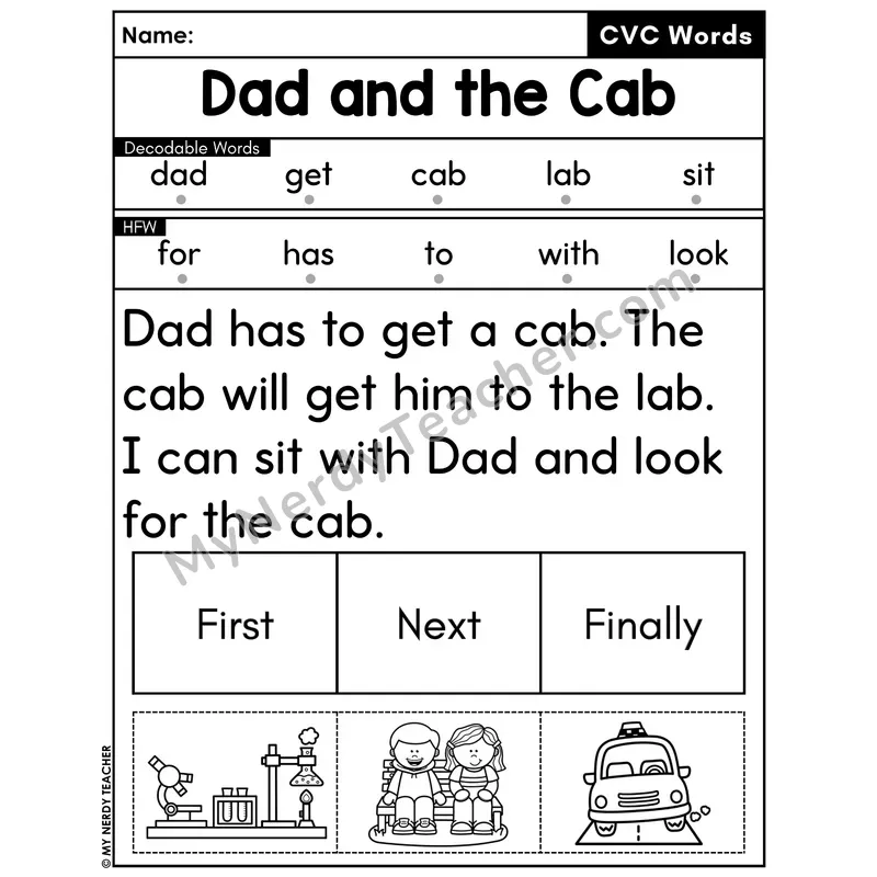 CVC Decodable Passage with Sequencing #25 — Dad and the Cab