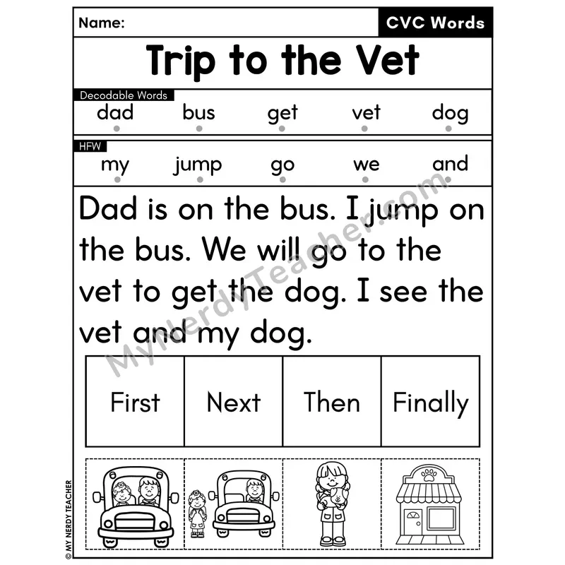 CVC Decodable Passage with Sequencing #24 — Trip to the Vet