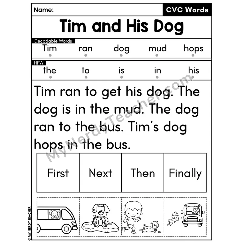CVC Decodable Passage with Sequencing #28 — Tim and His Dog