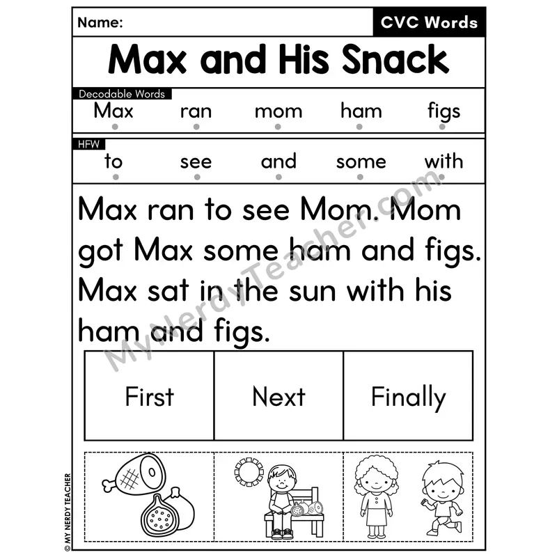 CVC Decodable Passage with Sequencing #30 — Max and His Snack