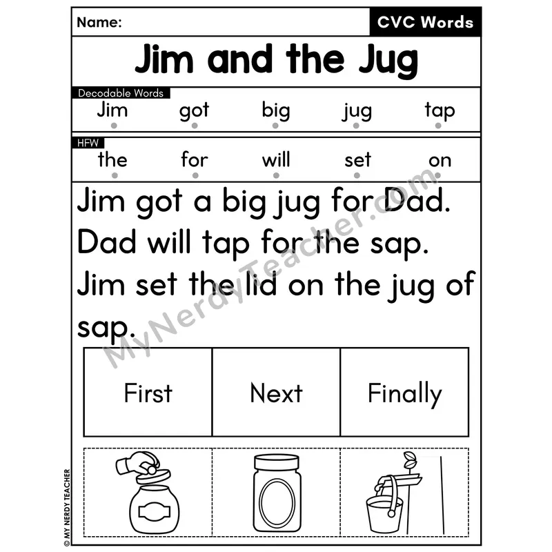 CVC Decodable Passage with Sequencing #27 — Jim and the Jug