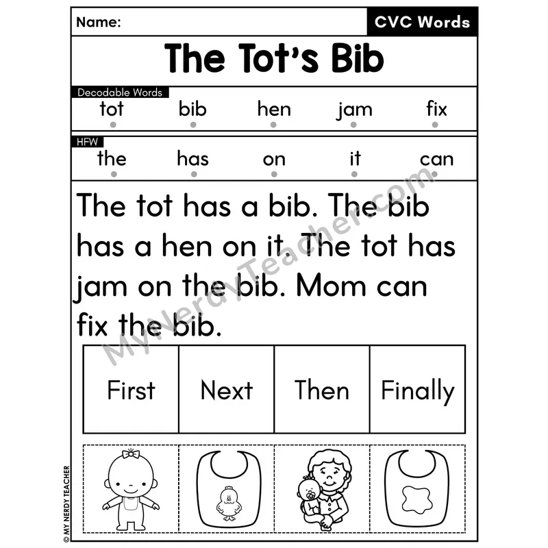 CVC Decodable Passage with Sequencing #26 — The Tot's Bib