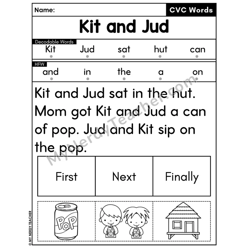 CVC Decodable Passage with Sequencing #23 — Kit and Jud