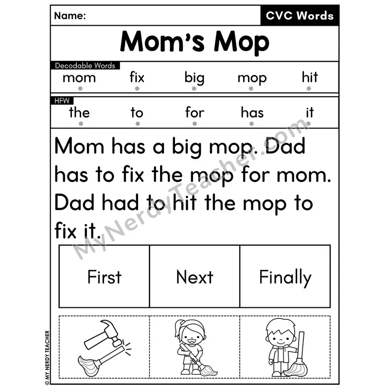 CVC Decodable Passage with Sequencing #18 — Mom's Mop