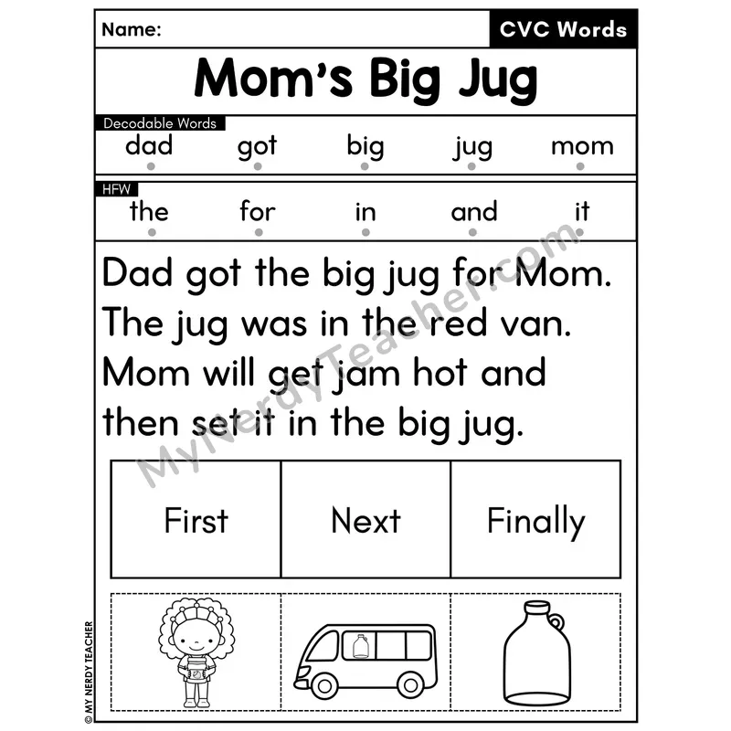CVC Decodable Passage with Sequencing #17 — Mom's Big Jug