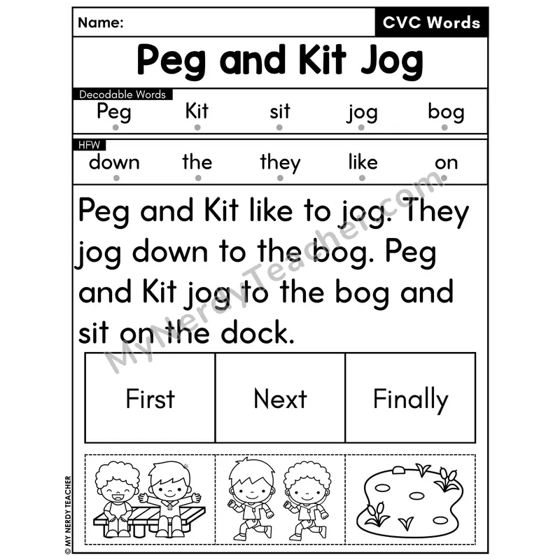 CVC Decodable Passage with Sequencing #14 — Peg and Kit Jog