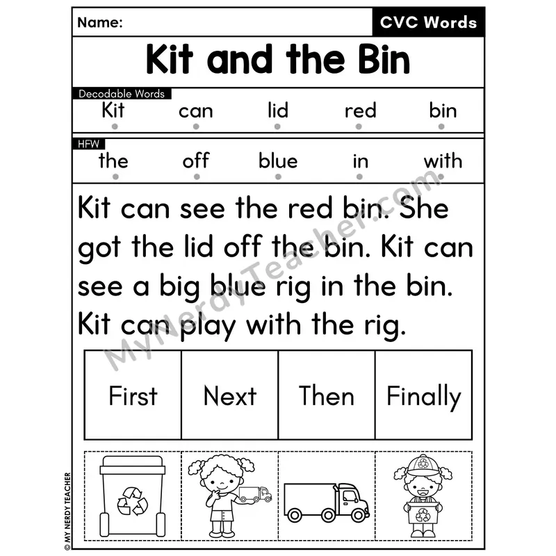 CVC Decodable Passage with Sequencing #15 — Kit and the Bin