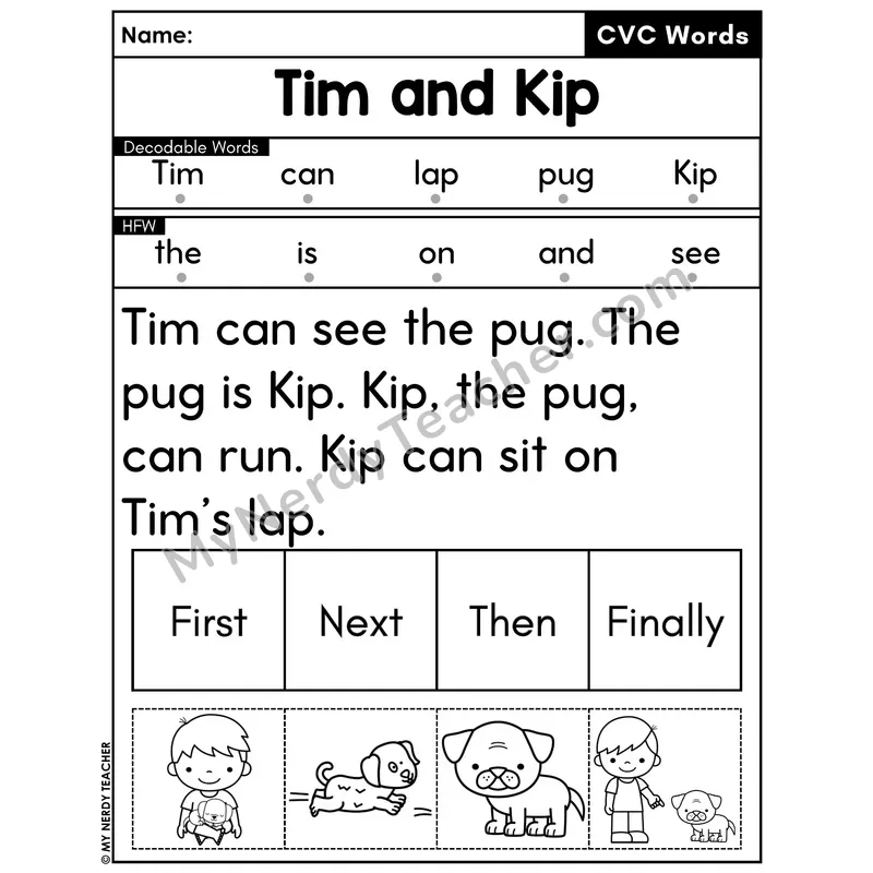 CVC Decodable Passage with Sequencing #19 — Tim and Kip