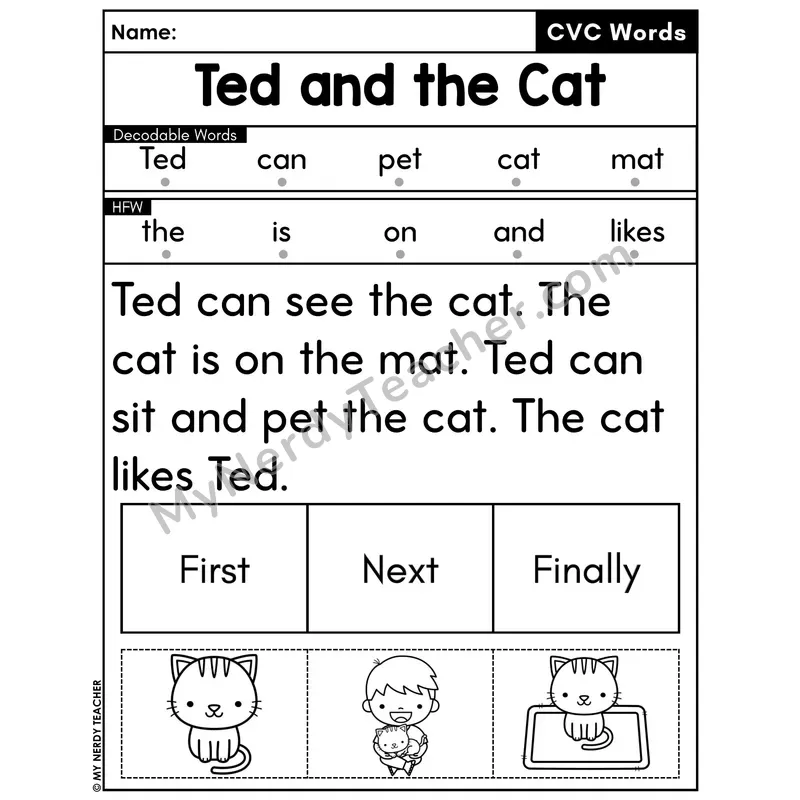CVC Decodable Passage with Sequencing #20 — Ted and the Cat