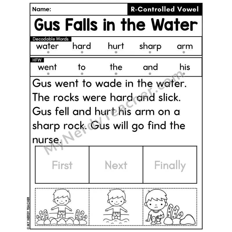 R-Controlled Vowels Decodable Passage Editable PPT #47 — Gus Falls in the Water