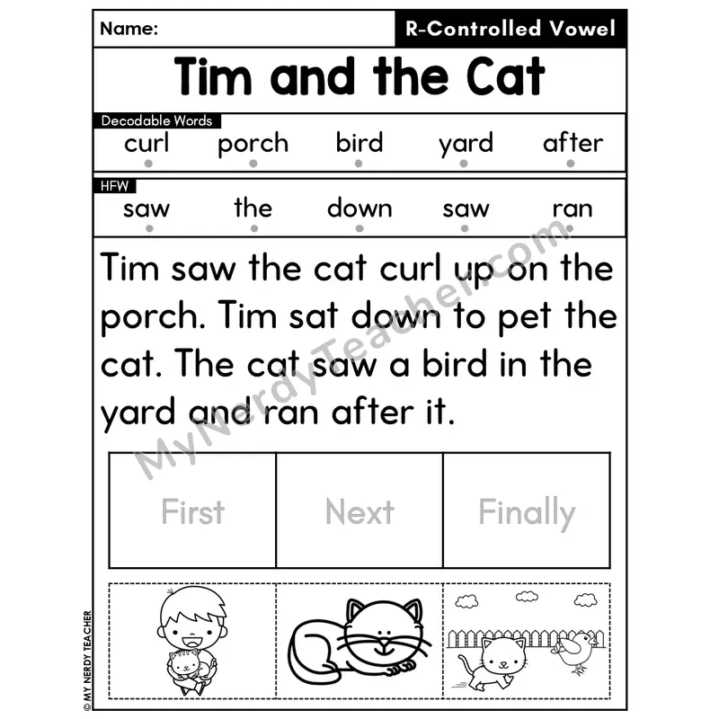 R-Controlled Vowels Decodable Passage Editable PPT #49 — Tim and the Cat