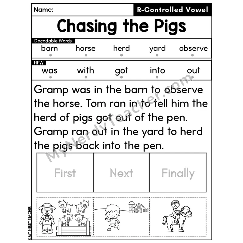 R-Controlled Vowels Decodable Passage Editable PPT #39 — Chasing the Pigs