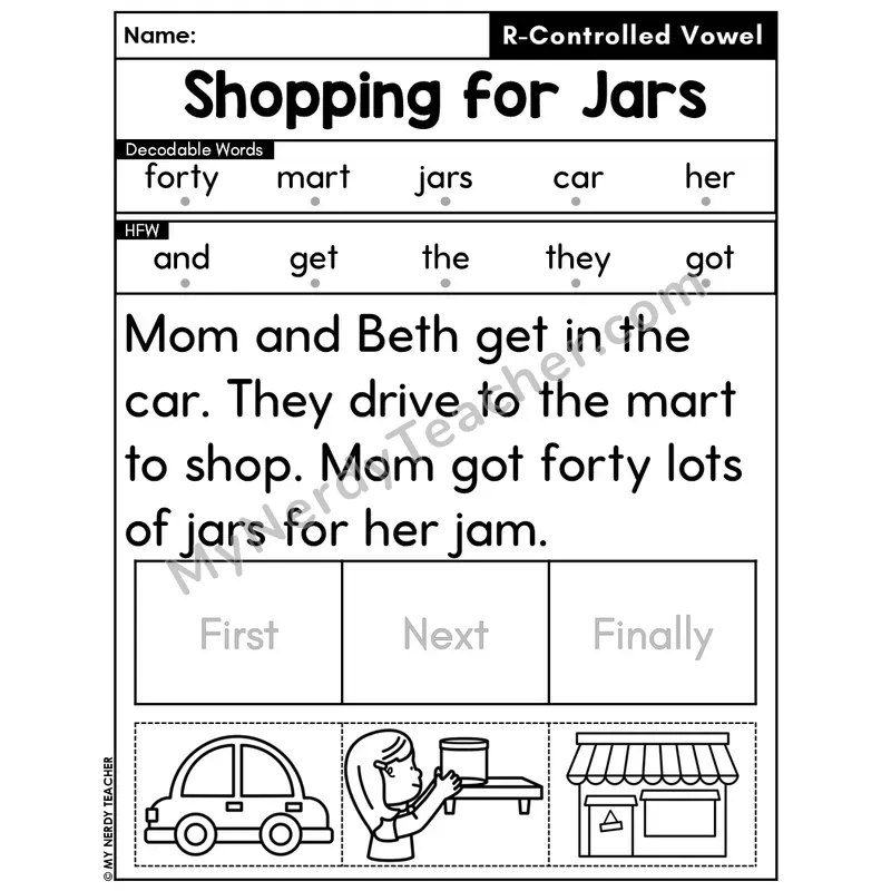 R-Controlled Vowels Decodable Passage Editable PPT #29 — Shopping for Jars