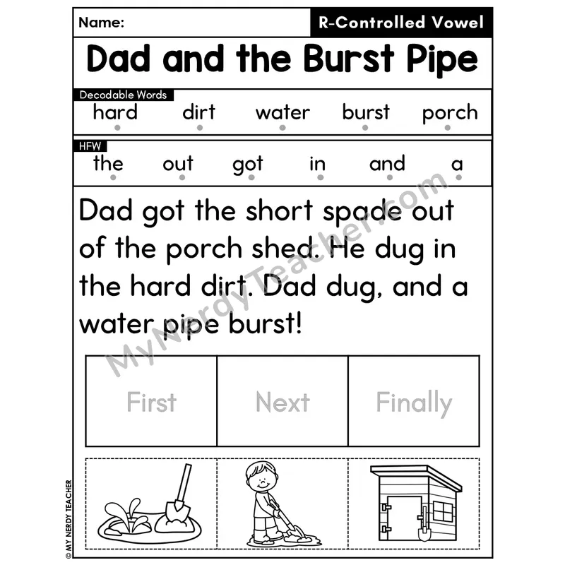 R-Controlled Vowels Decodable Passage Editable PPT #25 — Dad and the Burst Pipe