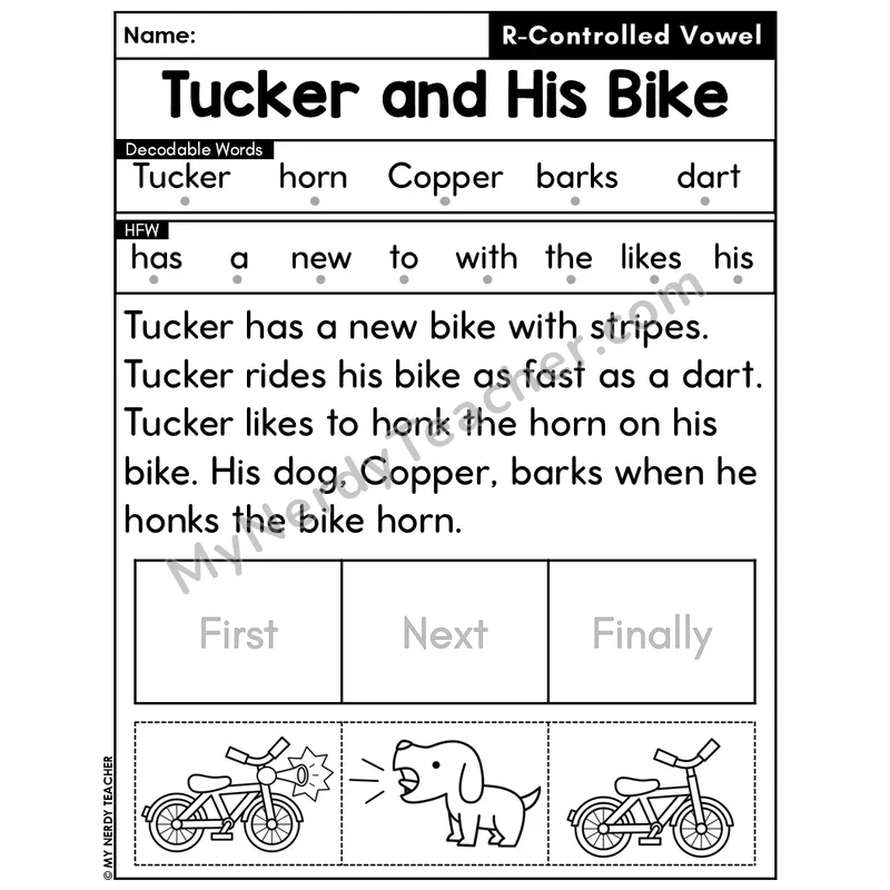 R-Controlled Vowels Decodable Passage Editable PPT #20 — Tucker and His Bike