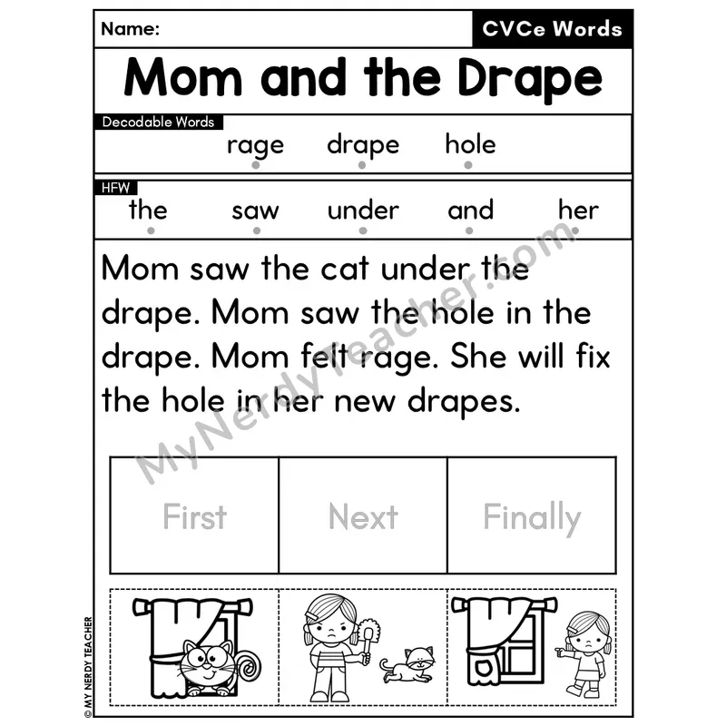 CVCe Silent E Decodable Passage Editable PPT #46 — Mom and the Drape