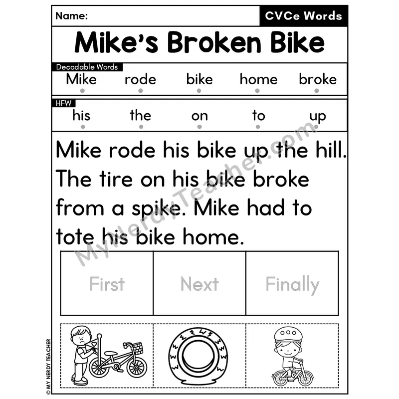 CVCe Silent E Decodable Passage Editable PPT #40 — Mike's Broken Bike