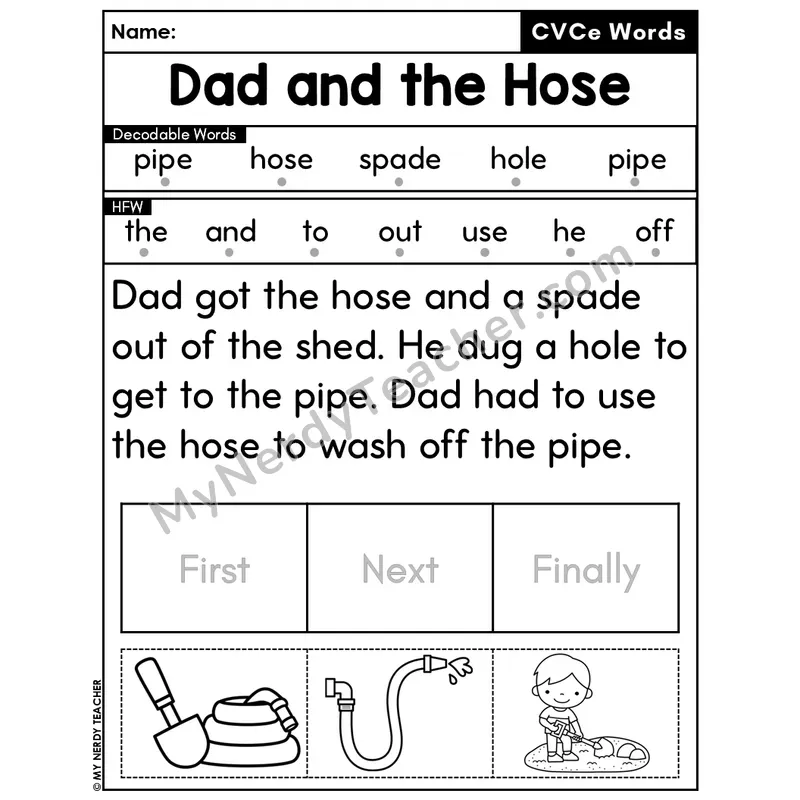 CVCe Silent E Decodable Passage Editable PPT #36 — Dad and the Hose