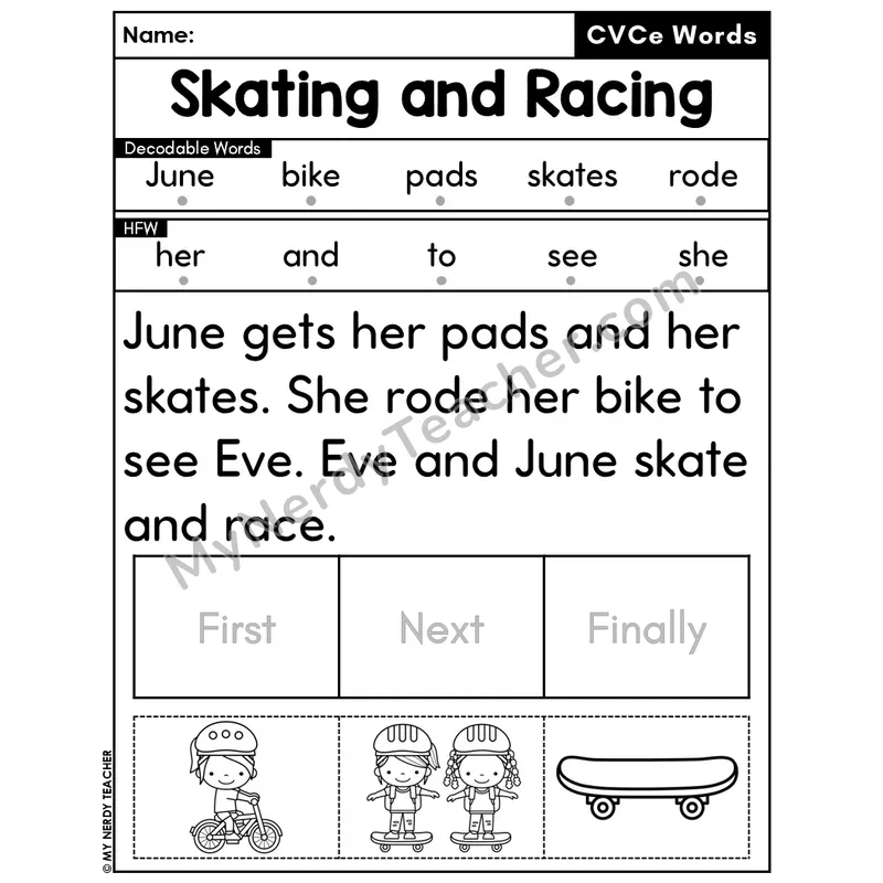 CVCe Silent E Decodable Passage Editable PPT #17 — Skating and Racing