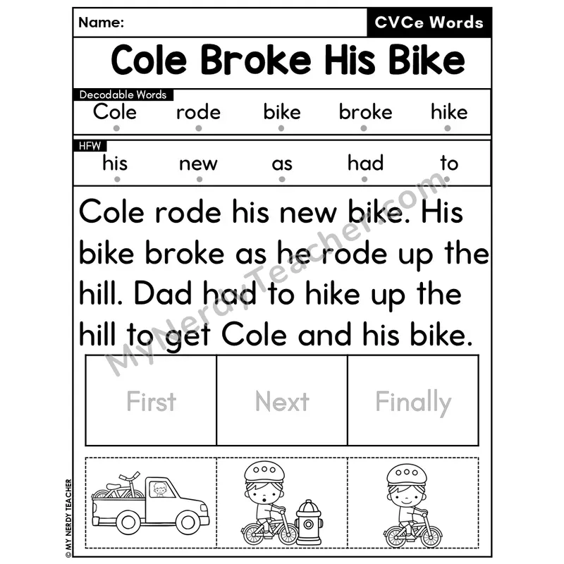 CVCe Silent E Decodable Passage Editable PPT #21 — Cole Broke His Bike