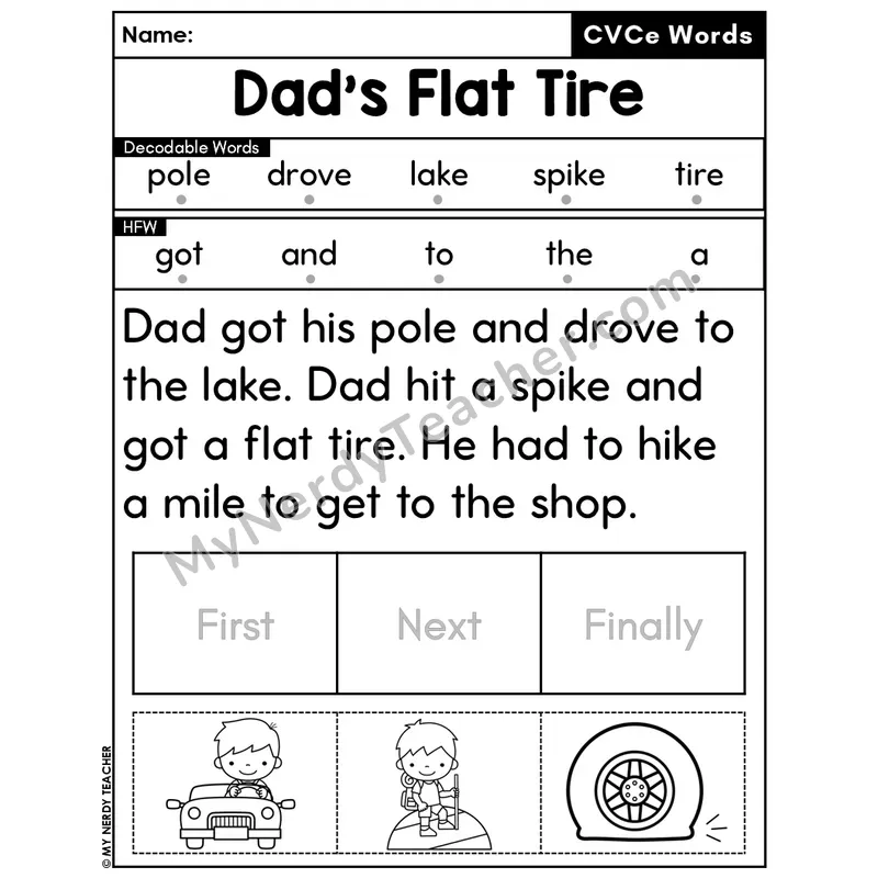 CVCe Silent E Decodable Passage Editable PPT #9 — Dad's Flat Tire
