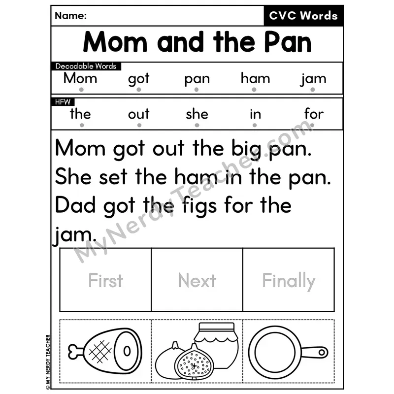 CVC Decodable Passage & Sequencing — Editable PPT #48 — Mom and the Pan