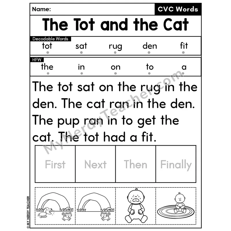 CVC Decodable Passage & Sequencing — Editable PPT #50 — The Tot and the Cat