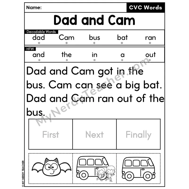 CVC Decodable Passage & Sequencing — Editable PPT #47 — Dad and Cam