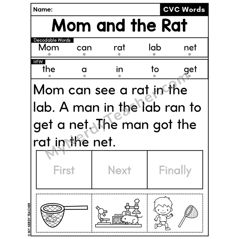 CVC Decodable Passage & Sequencing — Editable PPT #49 — Mom and the Rat