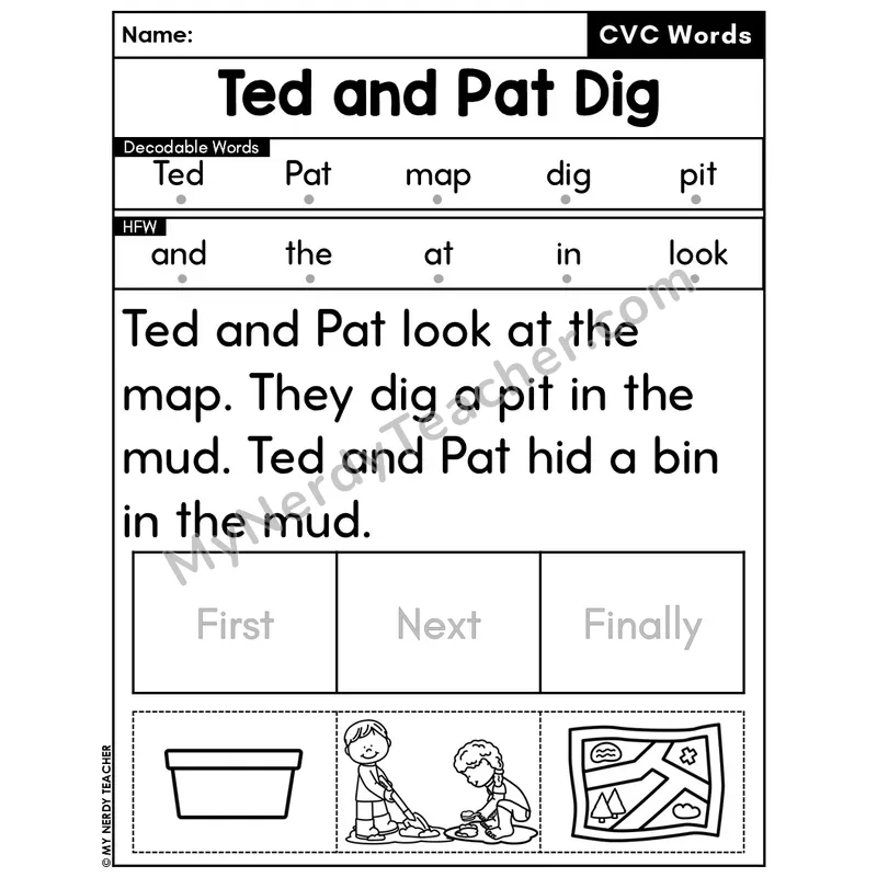 CVC Decodable Passage & Sequencing — Editable PPT #44 — Ted and Pat Dig