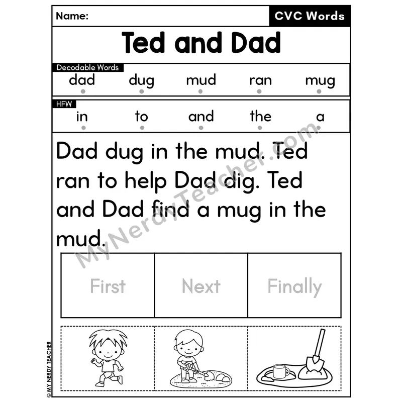 CVC Decodable Passage & Sequencing — Editable PPT #43 — Ted and Dad