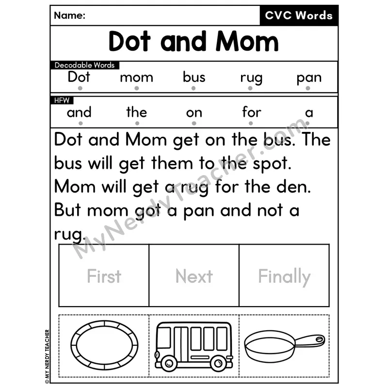 CVC Decodable Passage & Sequencing — Editable PPT #46 — Dot and Mom