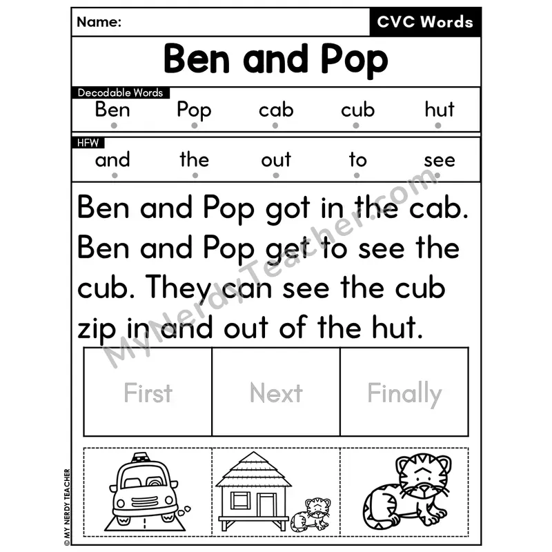 CVC Decodable Passage & Sequencing — Editable PPT #45 — Ben and Pop