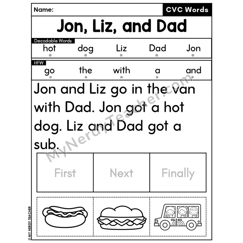 CVC Decodable Passage & Sequencing — Editable PPT #38 — Jon, Liz, and Dad