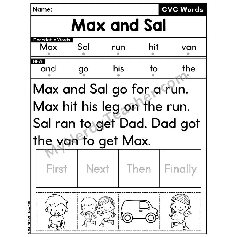 CVC Decodable Passage & Sequencing — Editable PPT #40 — Max and Sal