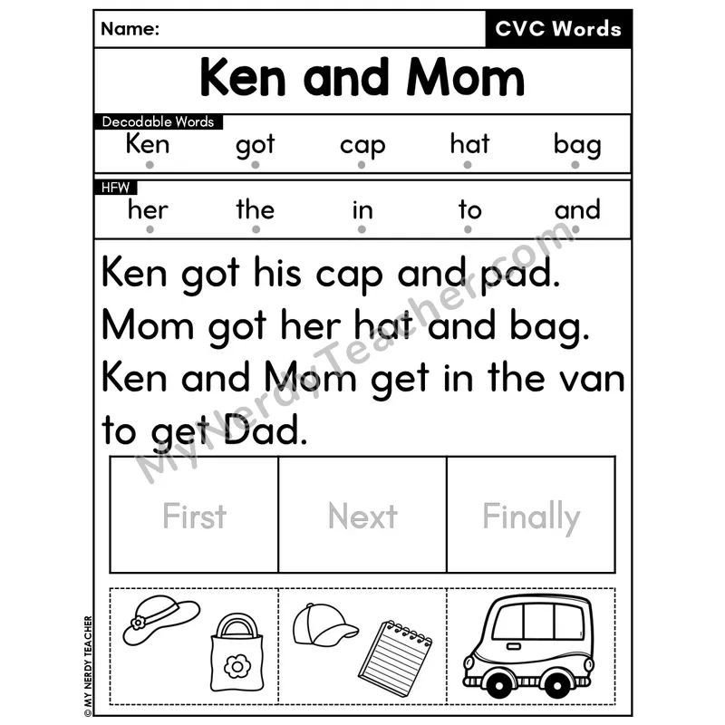 CVC Decodable Passage & Sequencing — Editable PPT #37 — Ken and Mom