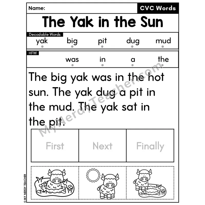 CVC Decodable Passage & Sequencing — Editable PPT #32 — The Yak in the Sun