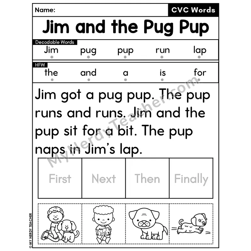 CVC Decodable Passage & Sequencing — Editable PPT #33 — Jim and the Pug Pup