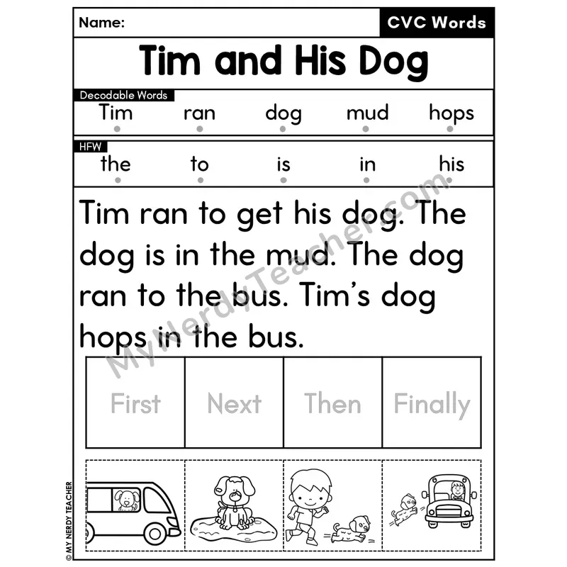 CVC Decodable Passage & Sequencing — Editable PPT #28 — Tim and His Dog